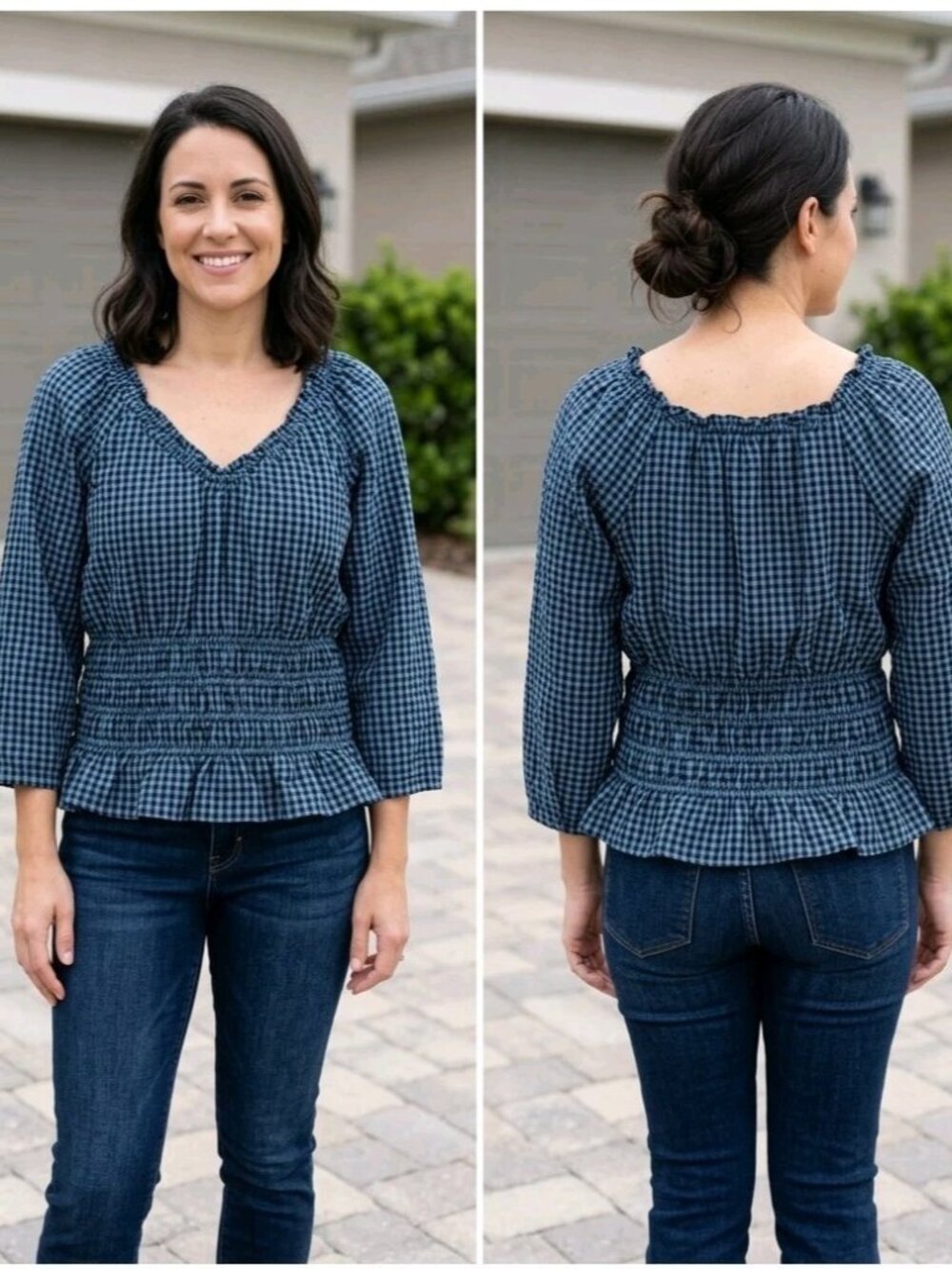 LOFT Gingham Smocked Ruffle V-Neck Blouse Dove Blue Black XL 776876